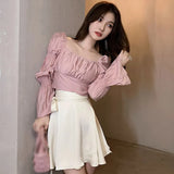 Summer Vintage Women Elegant Casual Blouses Long Sleeve Backless Bow Tops Korean Fashion Sweey Shirts Square Collar-Outfit