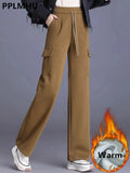 Wide Leg Cargo Pants Women Casual Thicken Baggy Sweatpants Fleece Lined High Waist Pantalones Lace Up Warm Straight