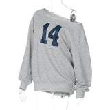 Number Printed One Shoulder Loose Sweatshirt-Outfit