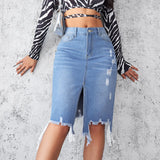 Fongt Autumn And Winter New Casual Bag Hip Skirt Tuxed Hole Cowboy Skirt Women's Dress Thin