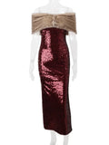 Burgundy Sequin Tube Maxi Dress With Off-shoulder Feather Shawl Set-Outfit