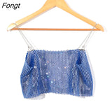 Sexy Halter Tops for Women Fashion Mesh Crystal Diamond Shirts Sparkly Rhinestone Navel Backless Cropped Tank Tops