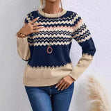 Fongt Women's Sweater Fashion Round-Neck Knitted Top Classic Striped Knitted Shirt
