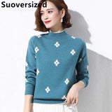 Sweater Women's Mock Neck Vintage Loose Knitted Tops Elegant Crochet Jumper Trend Long Sleeve Pullover Korean