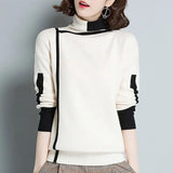 Female Stylish Solid Color Knitted Jumpers Autumn Winter Thick Warm Slim Bright Line Decoration Turtleneck Sweaters-Outfit