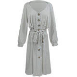 New Women's Dress Long-Sleeved V-Collar Button-Up Solid Color Sexy Loose Large Dress-Outfit