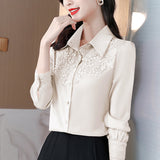 Fongt Spring 2023 New Shirt High-End Satin Stitching Lace Long-Sleeved Shirt-Outfit