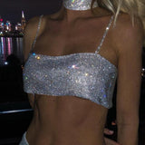 New Solid Women Sleeveless Crop Top Fashion See Through Metal Spaghetti Strap Sparkly Rhinestone Beach Tank Top