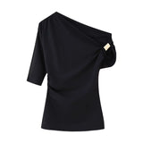 Fongt Bare Shoulder Metal Set Asymmetric Top 2025 Spring And Summer Folding Trim Short-Sleeved Women's T-Shirt