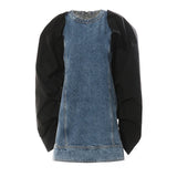 Fongt New Round-Neck Denim Collevetic Collider Pintap Crash Color Removable Heap Sleeve Dress 1654
