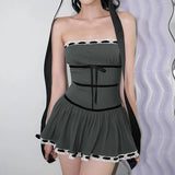 Off Shoulder Ribbon Trim Lace Up Slim Mini Dress-Outfit