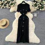 Fongt Fragrant Style High-End Hair-Side V-Neck Short-Sleeved Knitted Dress Women's Summer Waist Single Buckle-Clove Long Dress