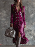 Fongt Dress 2025 New Women's Suit And Collar Temperament British Style Double Buckle Body Gold Velvet Dress