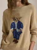 Fongt New Women's Bear Embroidered Retro Body Sweater College Style Knitted Shirt Top