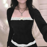 Desire Atmosphere Impact Color Lace Splicing Square Collar Slim Fake Two Jackets T-Shirt 2023 New Style-Outfit