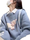 Fongt Goat Round-Neck Blue Sweater Women's Autumn And Winter New Three-Dimensional Bow Short Soft Glutinous Knitted Shirt Top