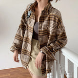 Women Vintage Oversize Woolen Plaid Shirt Pockets Batwing Sleeve Turn-Down Collar Thick Blouse Autumn Casual Warm