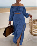 Fongt Autumn Women's Clothing A Word On The Shoulder Dress Open Fork Dress Two