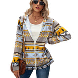 / Winter 2023 Hooded Pocket Sweater Geometric Pattern Long Sleeve Loose Coat-Outfit