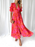 Fongt Fashion Print Bubble Sleeve Deep V-Neck Open Fork Sexy Lady Long Dress