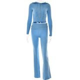 2 Piece Sets Women Tracksuit Long Sleeve Zipper Hooded Sweater Crop Top Flare Pants Stretch Matching Suit Outfit-Outfit