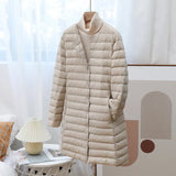 Light Down Jacket Female Medium Long Round Collar Fashion Coat With V-Neck Warm Large Size Inner Bladder Coat Tide-Outfit