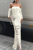 Autumn Knitted Tassel Y2K Clothes Long Sleeve Backless Tube Bodycon Maxi Dress For Women 2023 Club Party Elegant