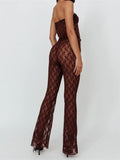 2pcs Set Women Lace Bustiers Strapless Off Shoulder Tube Tops Party Mesh See Through Tank High Waist Long Flare Pants-Outfit