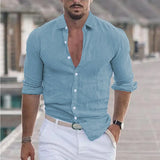 Fongt New Men's Summer Cotton-Blind Beach Shirt Long Sleeves Solid Hawaiian Holiday