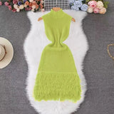 Fongt Summer New Women's Fashion Sexy Sleeveless Tuxedo Elegant Knitwear Dress