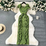Fongt High-End High-End Light Luxury Small Frills Fold Three-Dimensional Lotus Leaf Side Of The Long Temperament Dress Woman