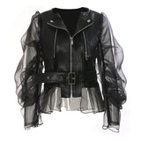 Fongt New Domineering Splicing Mesh Perspective Leather Locomotive Jacket Jacket Women 1656