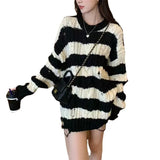 Fongt Cool Soft Waxy Round Collar Stripe Hole Hollow Out Sweater Loose Lazy Wind Design Sense Small Medium Long Sweater-Outfit