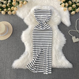 Fongt Thoracic Striped Knitted Dress Elastic Slimming Temperament High-End Ass Skirt
