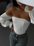 Fongt Sexy Hottie Body Fish Bone Bra Splicing Bubble Sleeve Niche Design Long-Sleeved Corset