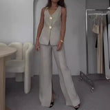 Fongt Spring And Summer New Solid Color V-Neck Sleeveless Vest Wide Leg Pants Casual Two-Piece