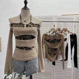 Fongt Shooting With Hanging Neck Leopard Print Splicing Two Long-Sleeved Tops A Short Shoulder Bottom T-Shirt 28787