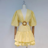 TWOTWINSTYLE Yellow Hollow Out Sexy Dress For Women V Neck Lantern Half Sleeve High Waist Patchwork Mini Dresses Female 2022