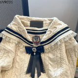 Winter Preppy Style JK Knitted Sweaters Women Sweet Lace Sailor Collar Bow Pullovers Retro Y2k Thickened Warm Jumper Coat-Outfit