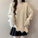 Fongt Three-Dimensional Bow V-Neck Shoulder Knitted Sweater Woman 2025 Autumn Big-Size Fat Mm Super Nice Look And Beautiful Top
