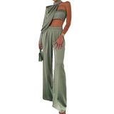 Fongt Women's Temperament Elegant Hanging Neck Diagonal Shoulder Chest Sexy Crop Wide Leg Pants