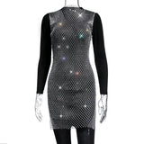 Fongt Women's Mesh Flash Diamond Round Collar Dress