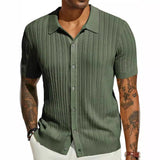 Fongt Men's Casual Knit Shirt Summer New Solid Color Jacket Men's Short Sleeve Lapel Collar Hollow Breathable Men's