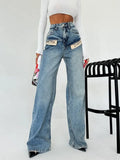 Fongt New Cool Trend Splicing Jeans Women High Waist Thin Classic Design Straight Broad Legs