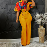 Fongt New Summer Printing Long-Sleeved Shirt Top Broad Leg Pants Fashion Set Two Sets