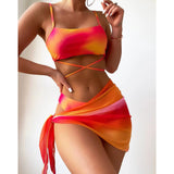 Fongt Tie-Dyed Bikini Swimsuit Female Three-Piece Mesh Skirt Split Bikini