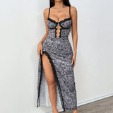 Fongt Women's Personality Metal Ring Zebra Sexy Deep V Hollow High Fork Dress 11876