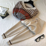 Two Piece Sets Women Vintage Print Long Sleeve V-neck Patchwork Pullover Suit Ankle-length Pants Tracksuit Knit