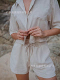 Fongt Women's Shirt Flip-Necked Shirt Shorts Casual Cotton Set
