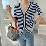 New 2022 Chic Striped Korean Fashion Zipper Cardigans Knitted Women Summer V-Neck Vintage Elegant Lady Tops
